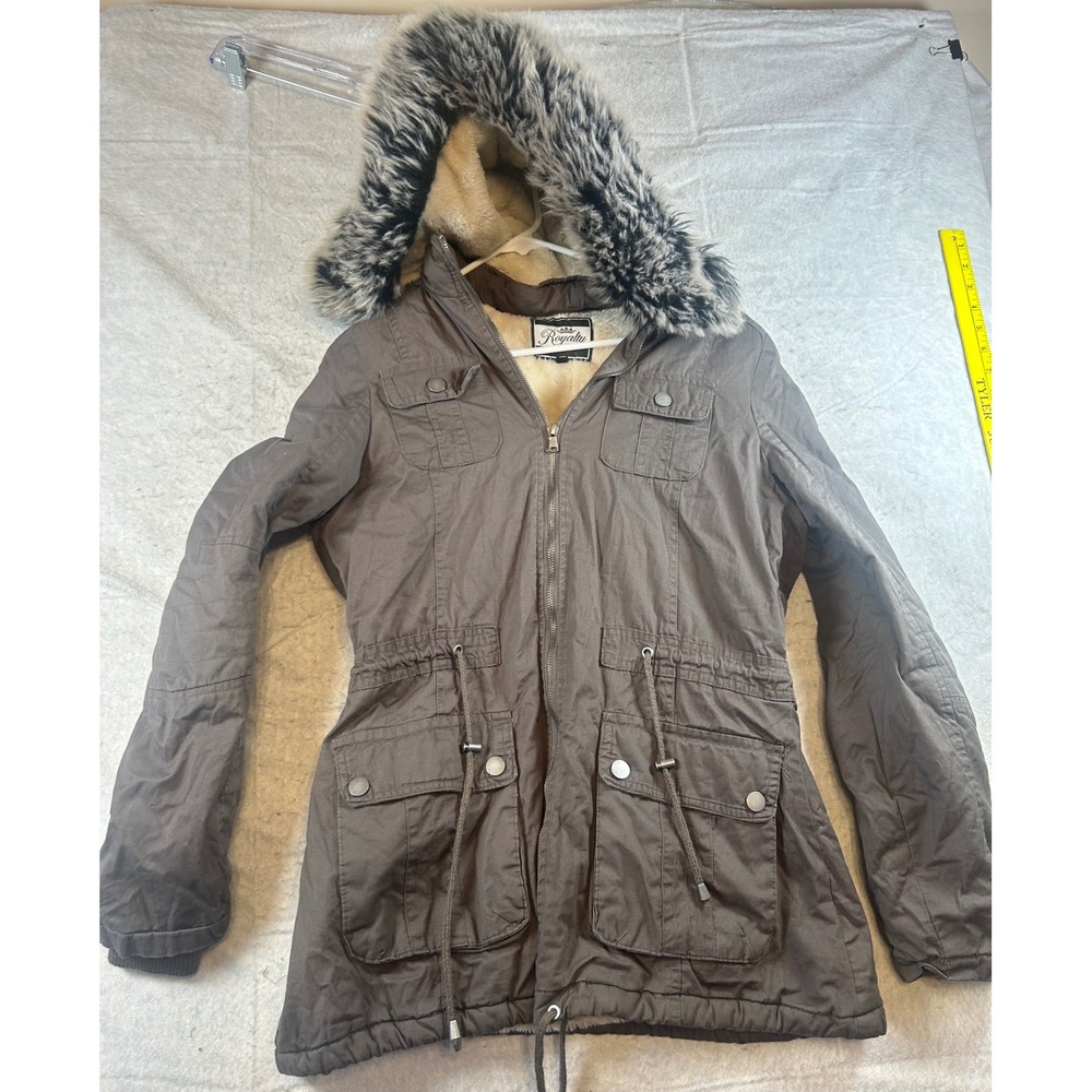 Royalty For Me Mens Parka Jacket Faux  Fur‎ Hood Lined Winter Olive Green S CH